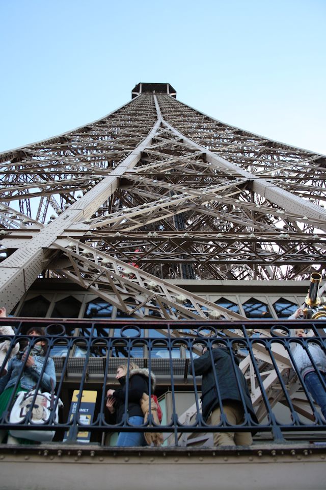 looking up the eiffel tower from the 2nd level